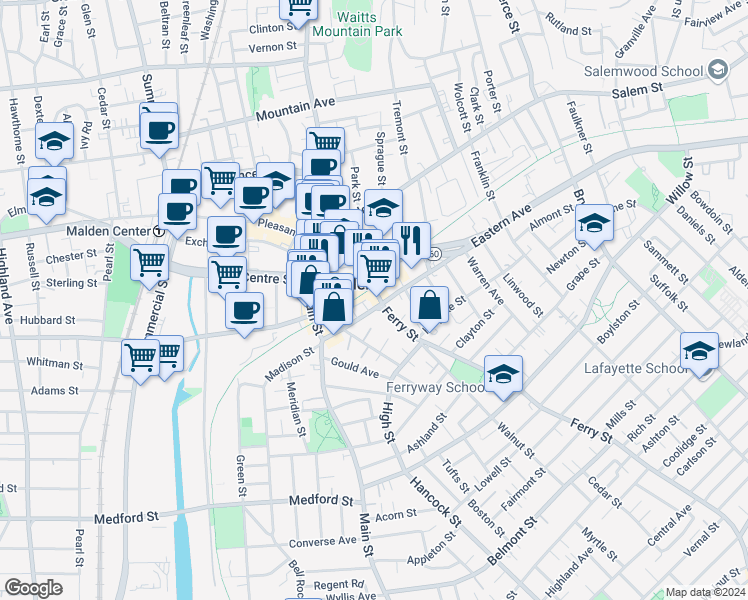 map of restaurants, bars, coffee shops, grocery stores, and more near in Malden