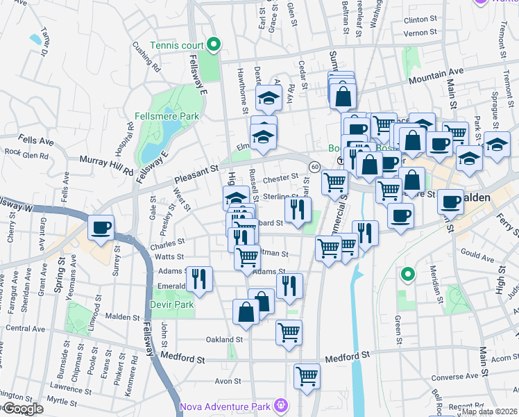 map of restaurants, bars, coffee shops, grocery stores, and more near 62 Russell Street in Malden