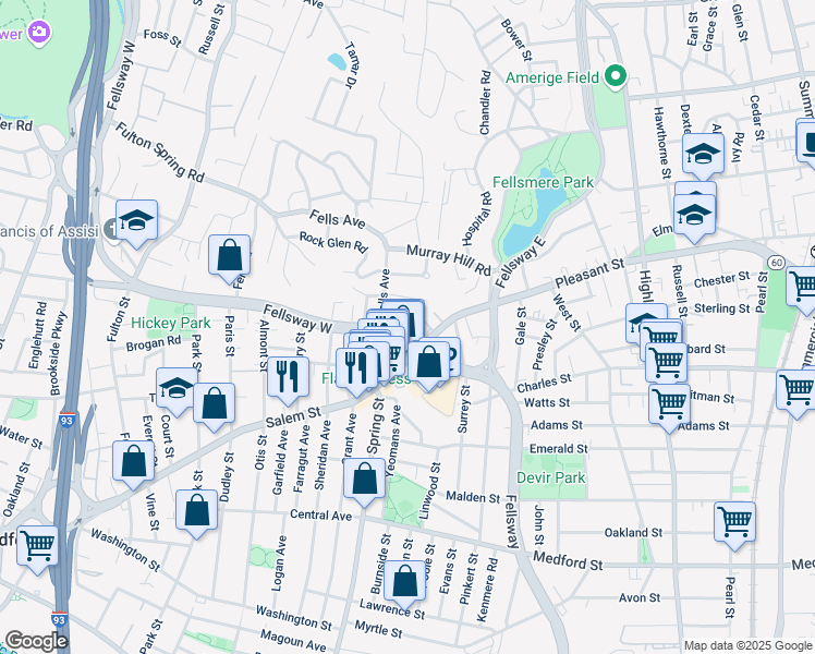 map of restaurants, bars, coffee shops, grocery stores, and more near 117 Fellsway West in Medford