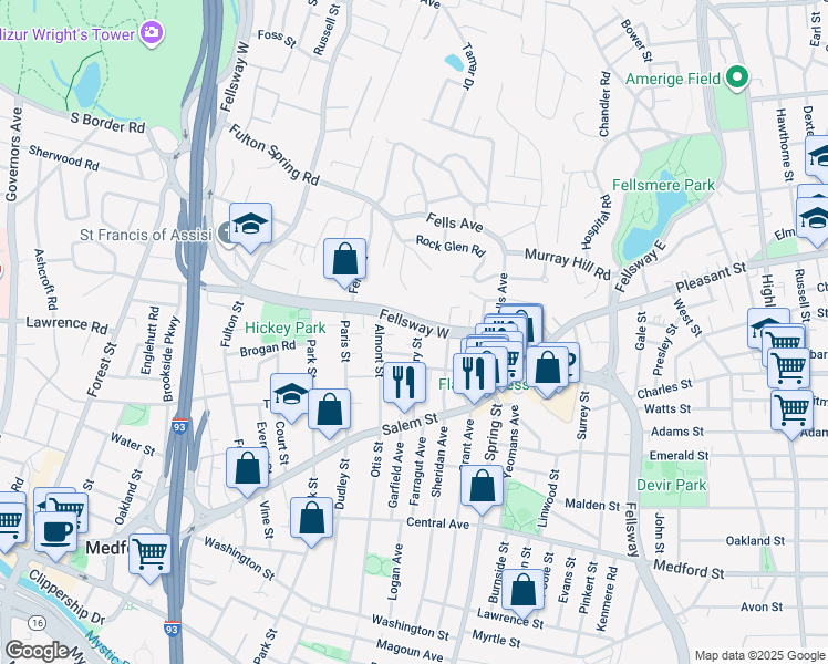 map of restaurants, bars, coffee shops, grocery stores, and more near 194 Fellsway West in Medford