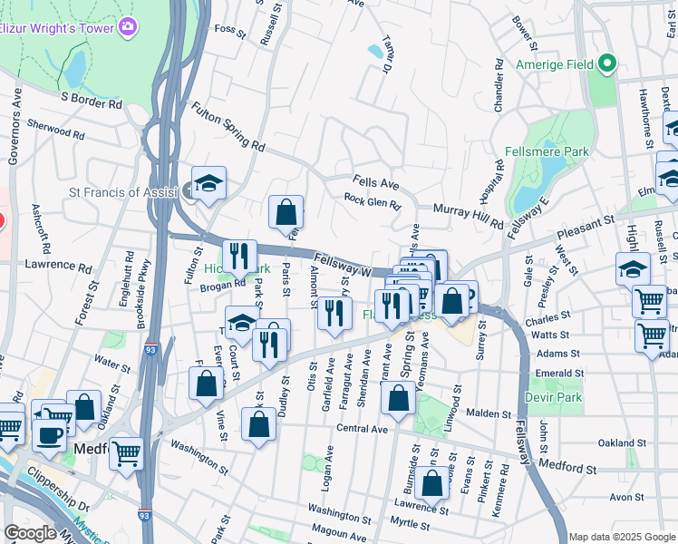 map of restaurants, bars, coffee shops, grocery stores, and more near 1 Almont Court in Medford