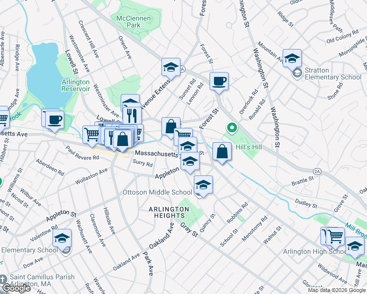 map of restaurants, bars, coffee shops, grocery stores, and more near 21 Lowell Street in Arlington