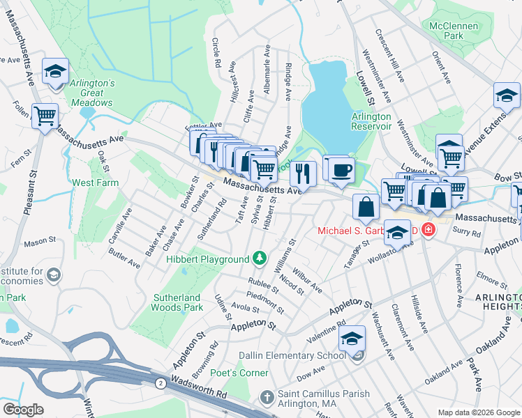 map of restaurants, bars, coffee shops, grocery stores, and more near 33 Hibbert Street in Arlington