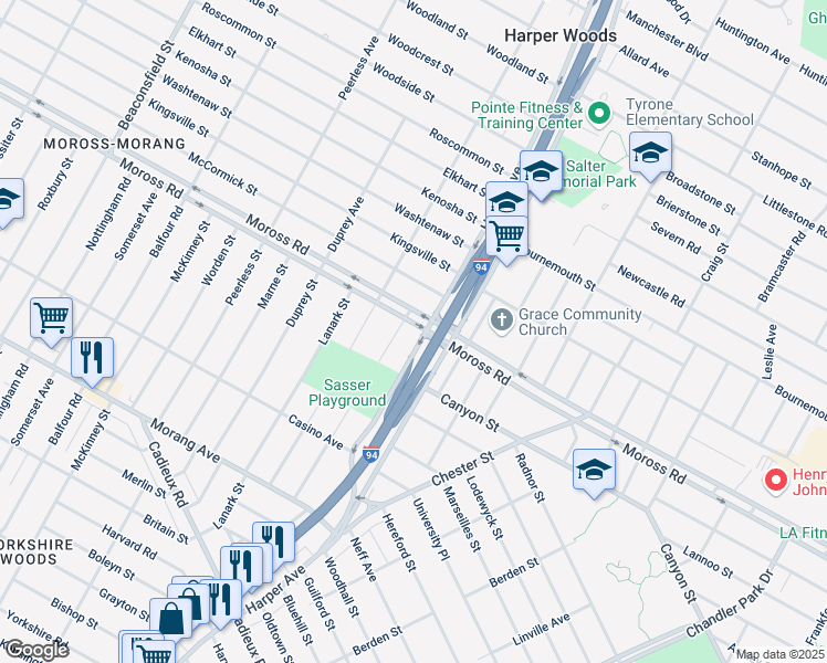 map of restaurants, bars, coffee shops, grocery stores, and more near 9797 Camley Street in Detroit