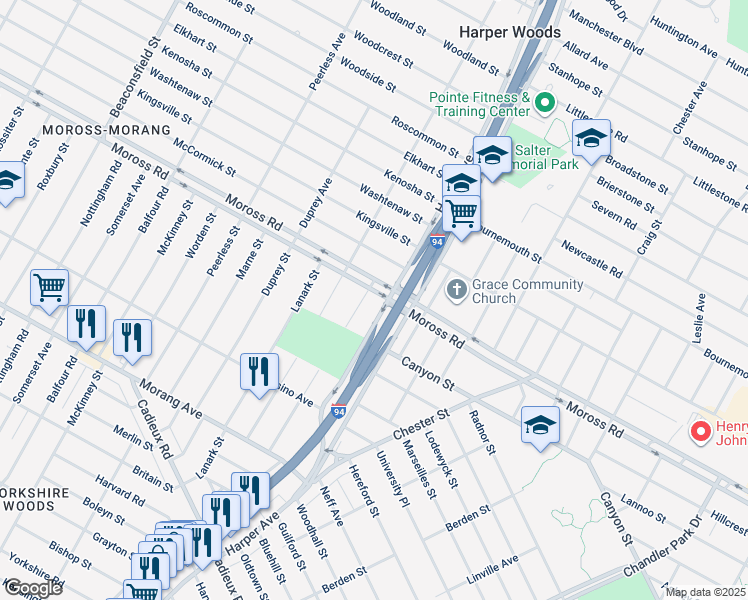map of restaurants, bars, coffee shops, grocery stores, and more near 9797 Camley Street in Detroit