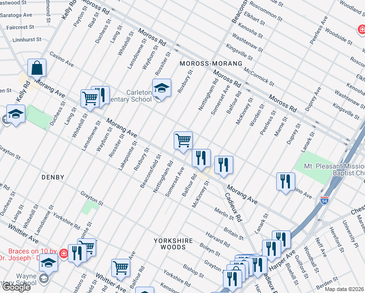 map of restaurants, bars, coffee shops, grocery stores, and more near 11344 Nottingham Road in Detroit