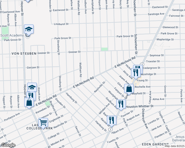 map of restaurants, bars, coffee shops, grocery stores, and more near 12901 East McNichols Road in Detroit