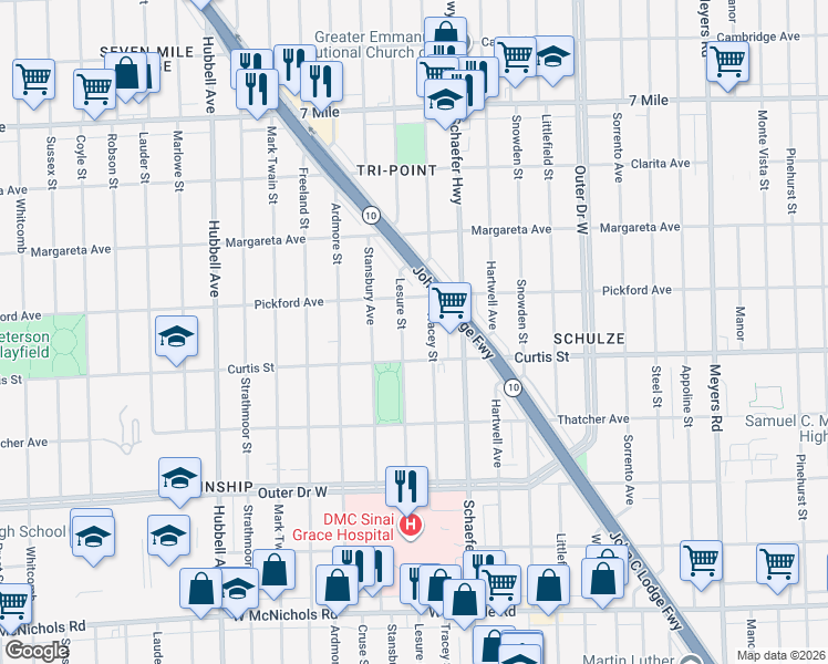 map of restaurants, bars, coffee shops, grocery stores, and more near 18242 Lesure Street in Detroit