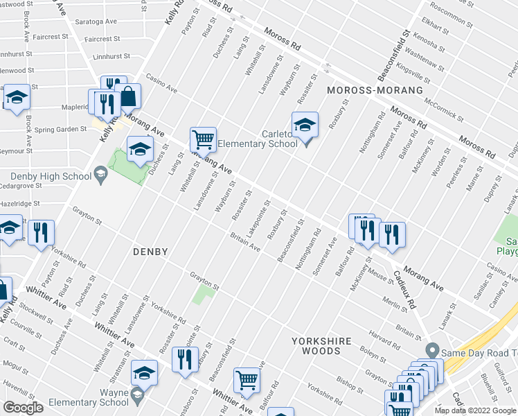 map of restaurants, bars, coffee shops, grocery stores, and more near 11515 Lakepointe Street in Detroit