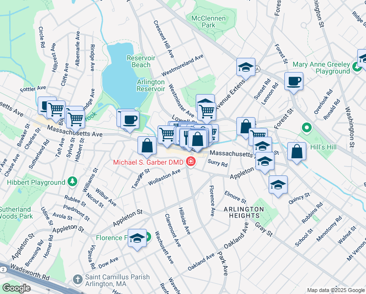 map of restaurants, bars, coffee shops, grocery stores, and more near 1365 Massachusetts Avenue in Arlington