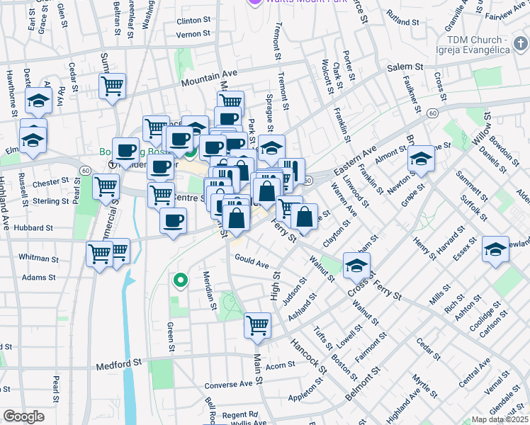 map of restaurants, bars, coffee shops, grocery stores, and more near in Malden
