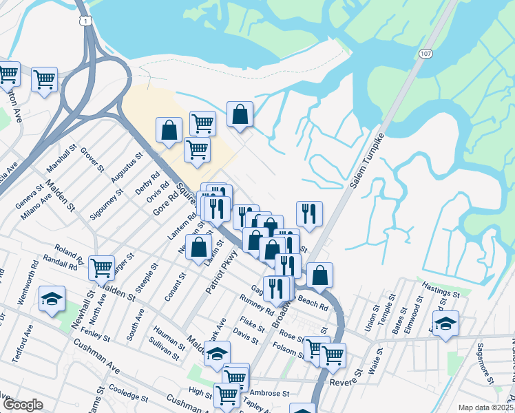 map of restaurants, bars, coffee shops, grocery stores, and more near 140 Ward Street in Revere