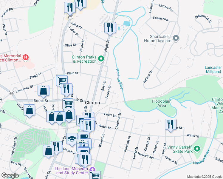 map of restaurants, bars, coffee shops, grocery stores, and more near 39 Walnut Street in Clinton