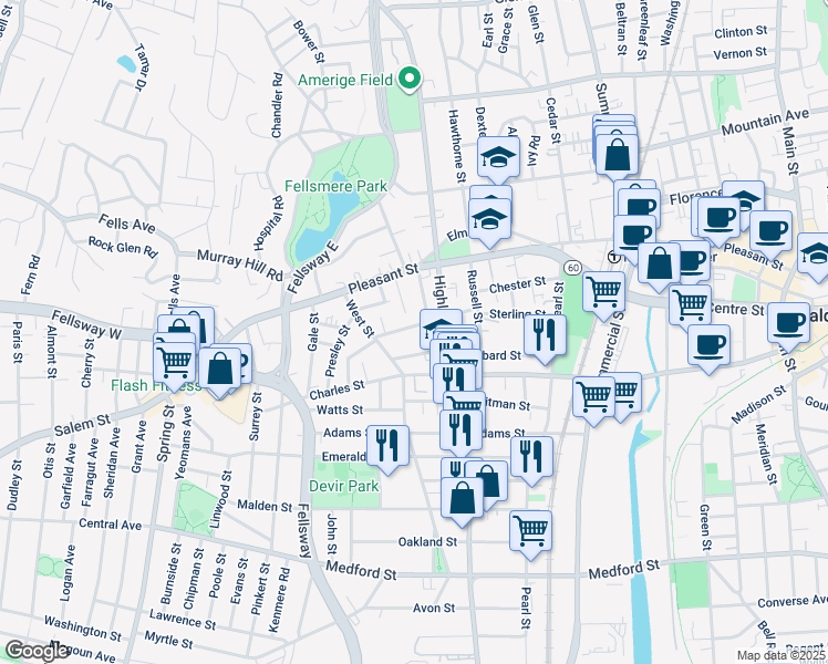 map of restaurants, bars, coffee shops, grocery stores, and more near 52 Wentworth Street in Malden