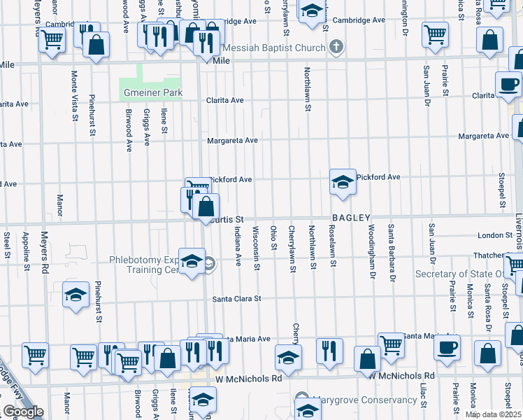 map of restaurants, bars, coffee shops, grocery stores, and more near 18212 Wisconsin Street in Detroit