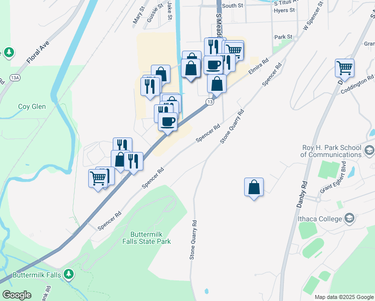 map of restaurants, bars, coffee shops, grocery stores, and more near 543 Spencer Road in Ithaca