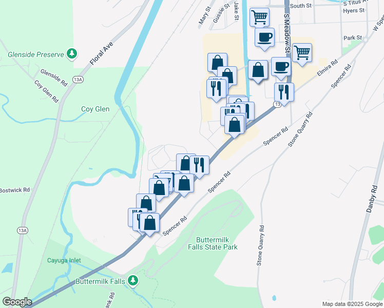 map of restaurants, bars, coffee shops, grocery stores, and more near 100 Commercial Avenue in Ithaca