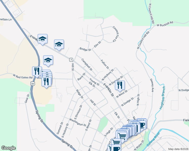 map of restaurants, bars, coffee shops, grocery stores, and more near 900 Campbell Street in Galena