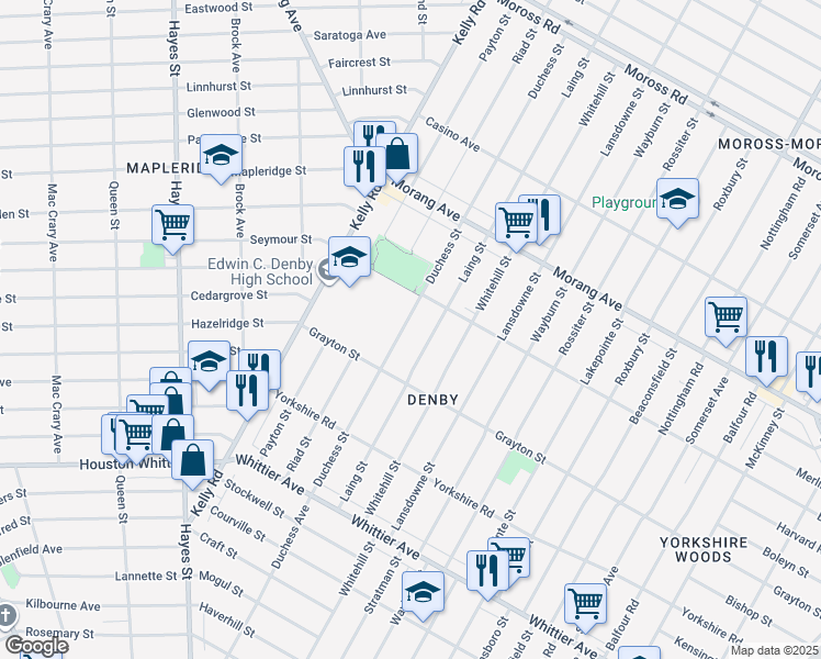 map of restaurants, bars, coffee shops, grocery stores, and more near 12000 Duchess Street in Detroit