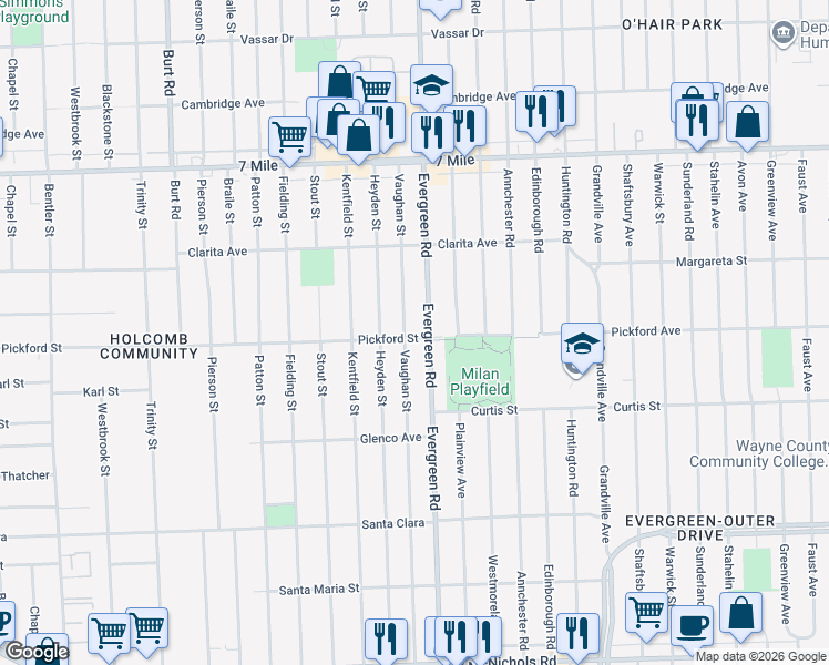 map of restaurants, bars, coffee shops, grocery stores, and more near 18401 Vaughan Street in Detroit