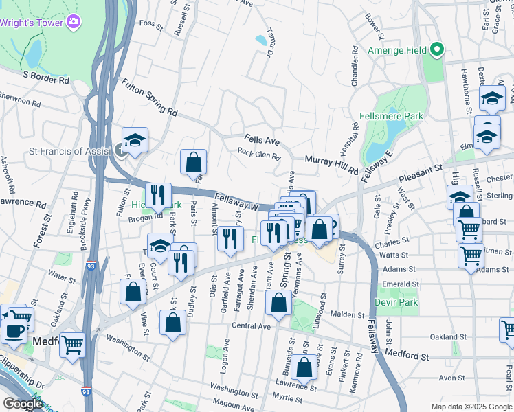map of restaurants, bars, coffee shops, grocery stores, and more near 179 Fellsway West in Medford