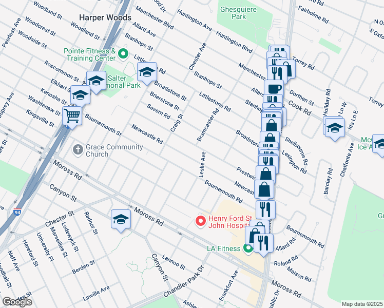 map of restaurants, bars, coffee shops, grocery stores, and more near 21673 Newcastle Road in Harper Woods