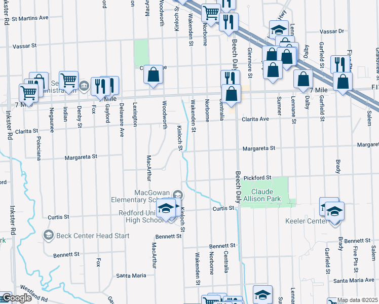 map of restaurants, bars, coffee shops, grocery stores, and more near 18513 Wakenden in Redford Charter Township