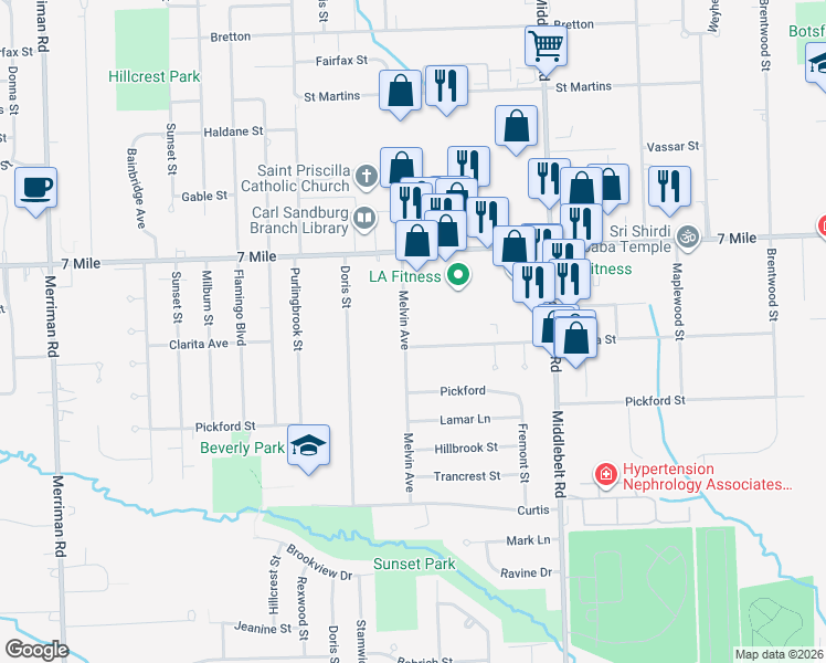 map of restaurants, bars, coffee shops, grocery stores, and more near 18932 Melvin Avenue in Livonia