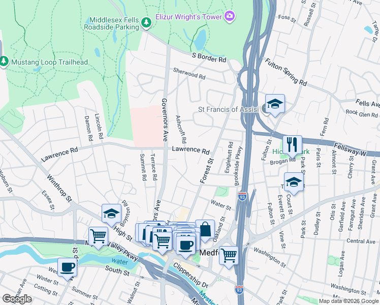 map of restaurants, bars, coffee shops, grocery stores, and more near 64 Clifton Street in Medford