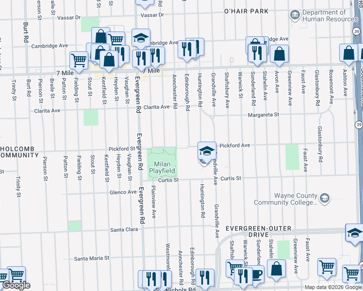 map of restaurants, bars, coffee shops, grocery stores, and more near 18400 Annchester Road in Detroit