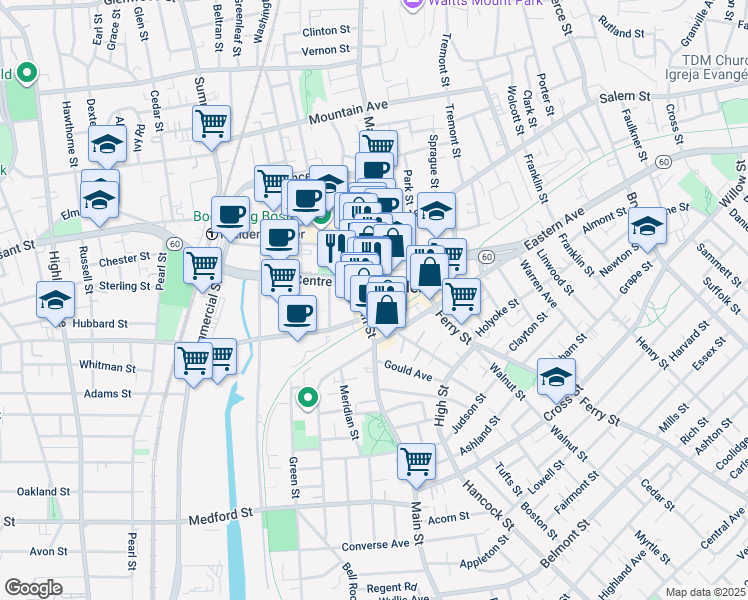 map of restaurants, bars, coffee shops, grocery stores, and more near 297 Main Street in Malden