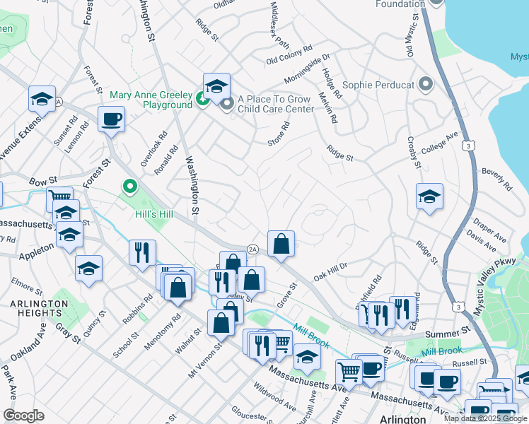 map of restaurants, bars, coffee shops, grocery stores, and more near 52 Hemlock Street in Arlington