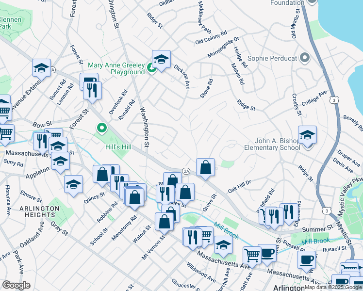 map of restaurants, bars, coffee shops, grocery stores, and more near 37 Pine Street in Arlington