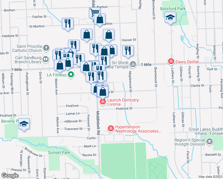 map of restaurants, bars, coffee shops, grocery stores, and more near 29218 Clarita Street in Livonia