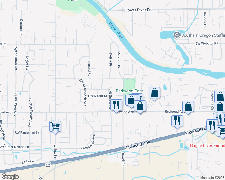 map of restaurants, bars, coffee shops, grocery stores, and more near 1358 Southwest Sun Glo Drive in Grants Pass