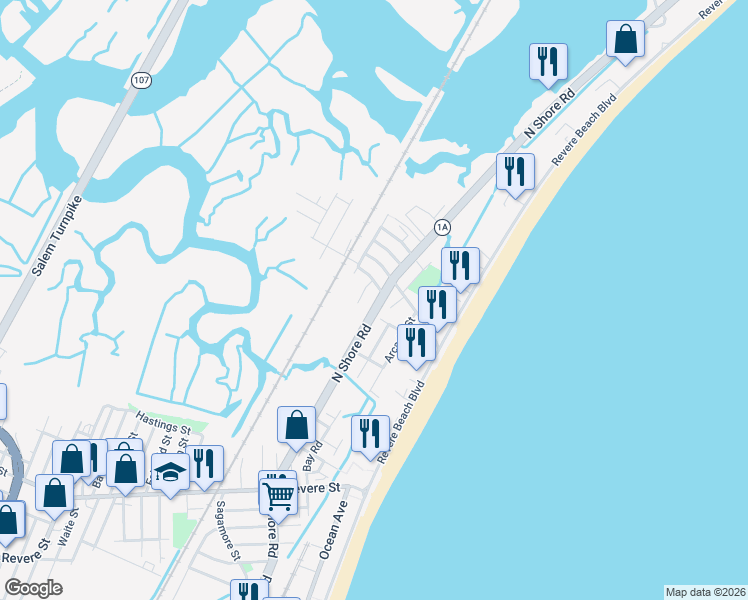 map of restaurants, bars, coffee shops, grocery stores, and more near 2FT Intervale Street in Revere