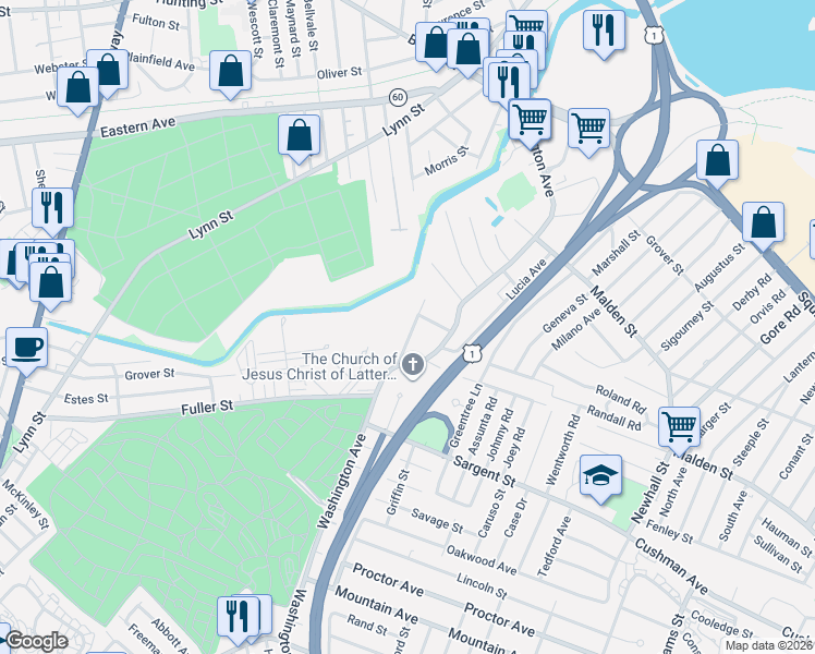 map of restaurants, bars, coffee shops, grocery stores, and more near 30 Amelia Place in Revere
