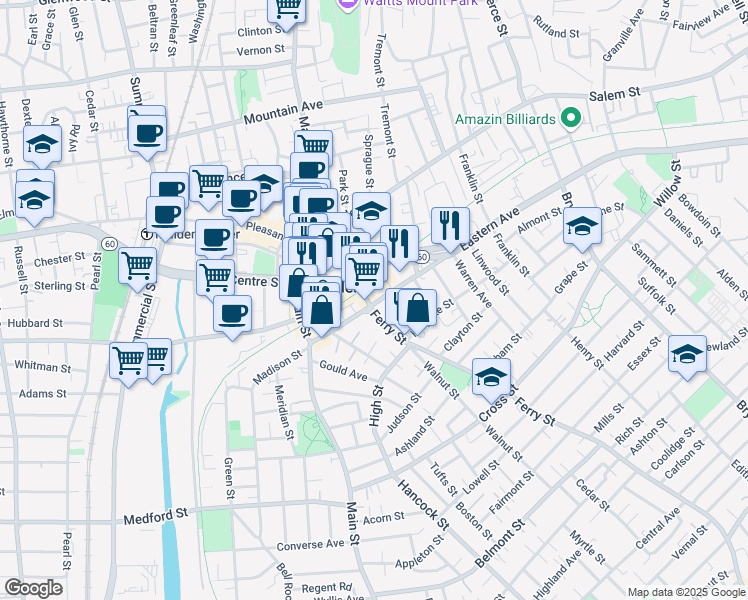map of restaurants, bars, coffee shops, grocery stores, and more near 140 Ferry Street in Malden