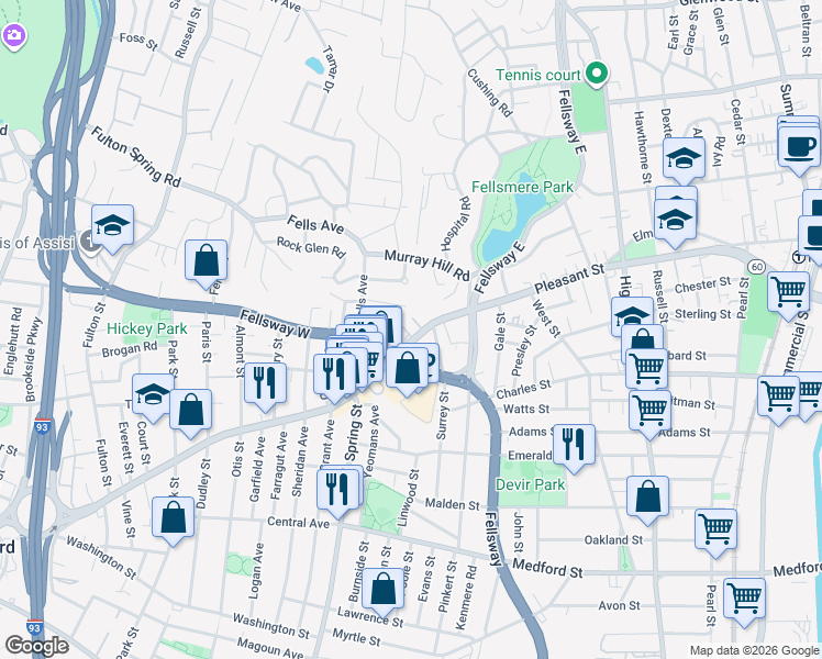 map of restaurants, bars, coffee shops, grocery stores, and more near 81 Fellsway West in Medford
