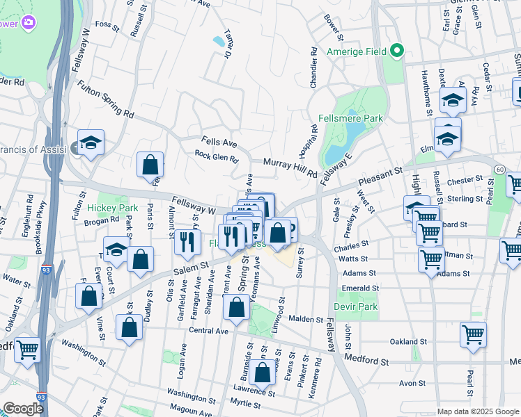 map of restaurants, bars, coffee shops, grocery stores, and more near 117 Fellsway West in Medford