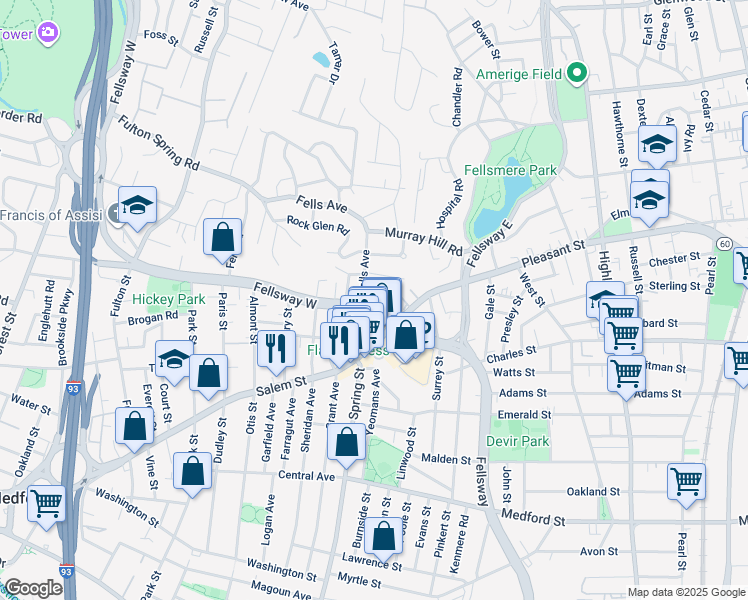 map of restaurants, bars, coffee shops, grocery stores, and more near 117 Fellsway West in Medford