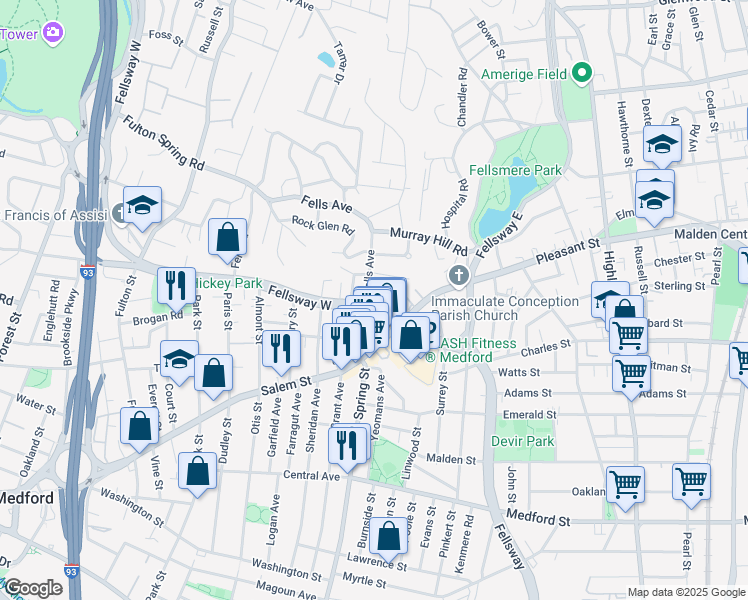 map of restaurants, bars, coffee shops, grocery stores, and more near 117 Fellsway West in Medford