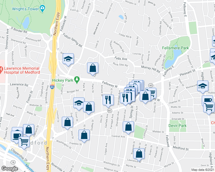 map of restaurants, bars, coffee shops, grocery stores, and more near 1 Almont Court in Medford