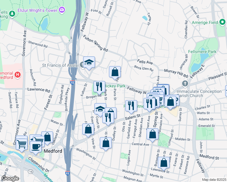 map of restaurants, bars, coffee shops, grocery stores, and more near 73 Paris Street in Medford