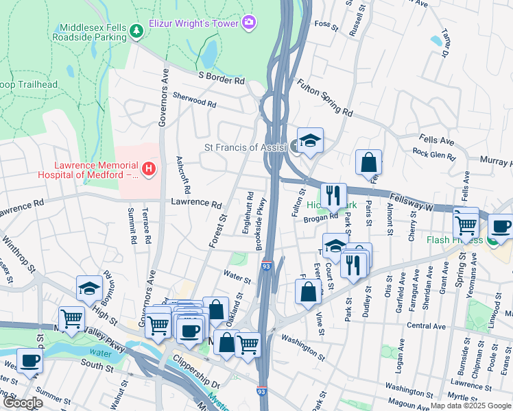 map of restaurants, bars, coffee shops, grocery stores, and more near 204 Brookside Parkway in Medford