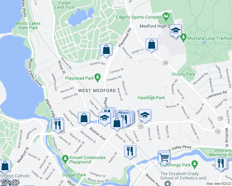 map of restaurants, bars, coffee shops, grocery stores, and more near 80 Warren Street in Medford