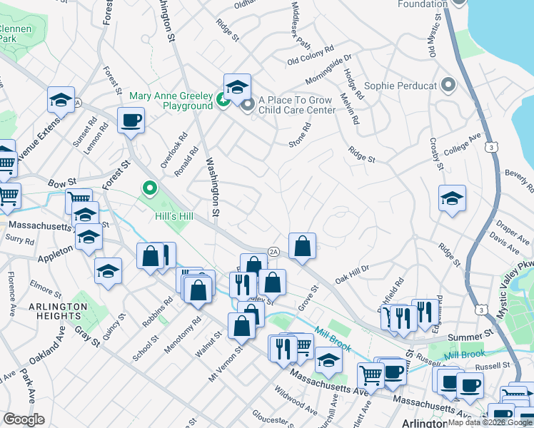 map of restaurants, bars, coffee shops, grocery stores, and more near 37 Pine Street in Arlington