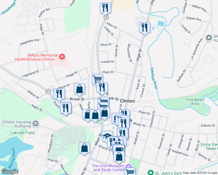 map of restaurants, bars, coffee shops, grocery stores, and more near 101 Clark Street in Clinton