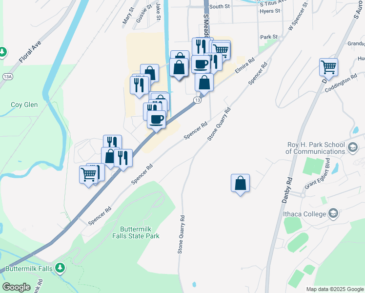 map of restaurants, bars, coffee shops, grocery stores, and more near 543 Spencer Road in Ithaca