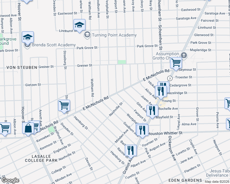 map of restaurants, bars, coffee shops, grocery stores, and more near 12901 East McNichols Road in Detroit